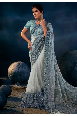 Net Saree with blouse in Sky blue colour 6310