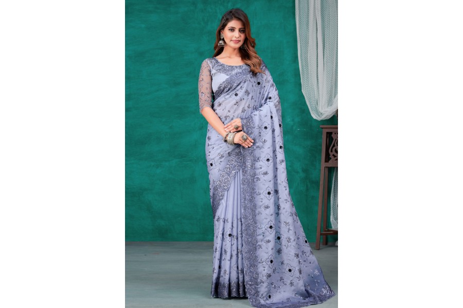 Women's Organza Grey Woven Design Designer Saree With Blouse Piece