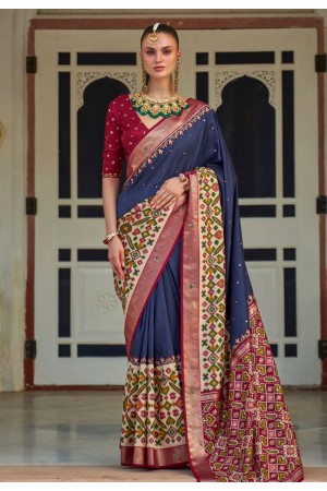 Patola silk Saree with blouse in Navy blue colour 497D