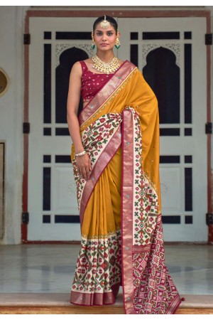 Patola silk print Saree in Mustard colour 497G