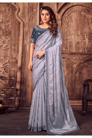 Satin silk Saree with blouse in Grey colour 6563