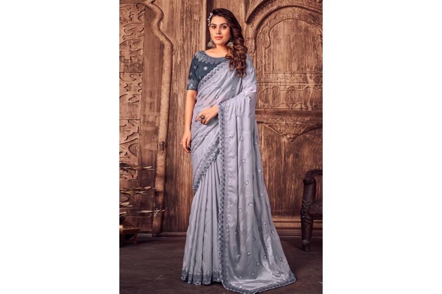Cyan Green Gradient Satin Silk Saree with Readymade Blouse