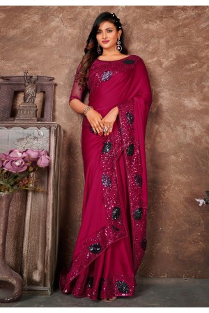 Satin silk Saree with blouse in Magenta colour 6581