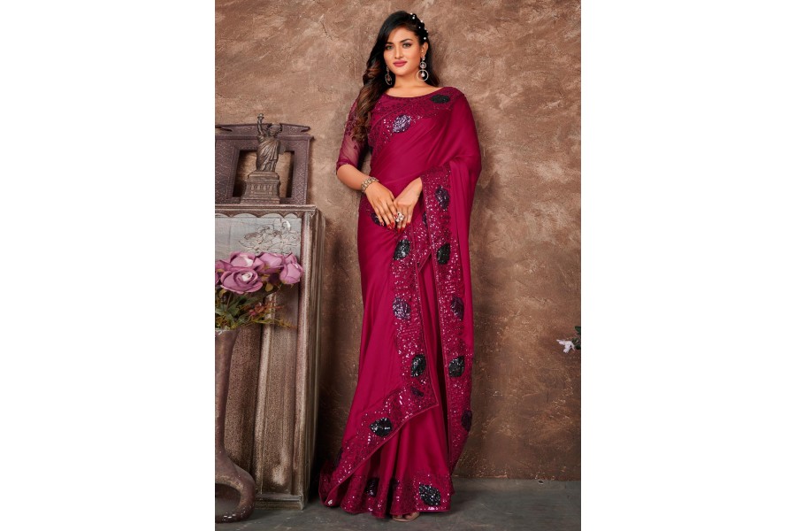 Magenta Solid Satin Saree With Unstitched Blouse Piece