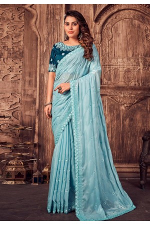 Satin silk Saree with blouse in Sky blue colour 6561