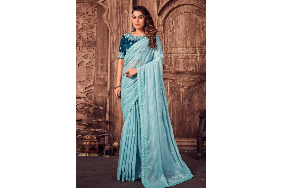 Snuggle Spot Women's Silk Printed Saree With Unstitched Blouse 5.5Mtr (Sky Blue) main image 0