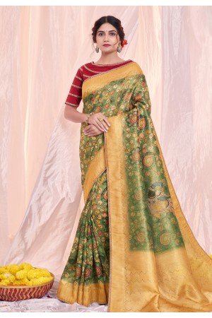 Tissue Saree with blouse in Mehndi colour 42517