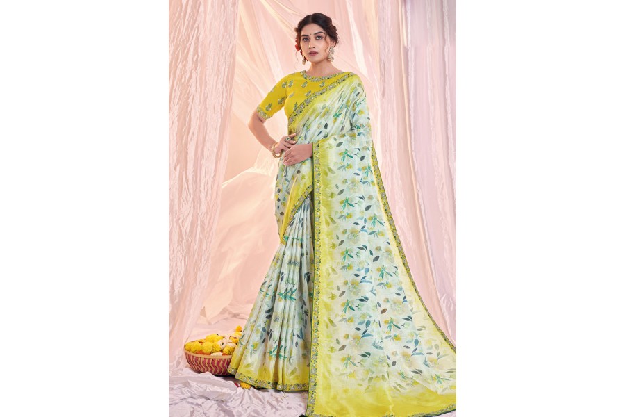 Women's Tissue White Embellished Designer Saree With Blouse Piece