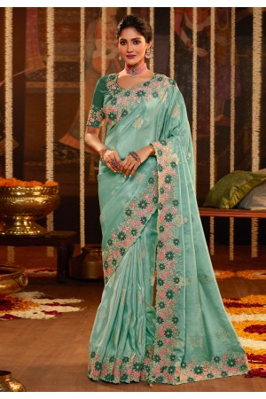 Viscose Saree with blouse in Aqua colour 7607