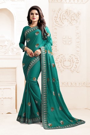 Indian Wedding Chiffon Sea Green Colour Saree 1566