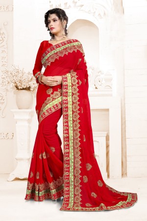 Indian Wedding Georgette Red Colour Saree 1569