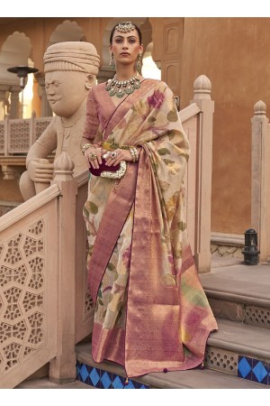 Cream Organza Party Wear Digital Printed Saree RANGMANCH 803