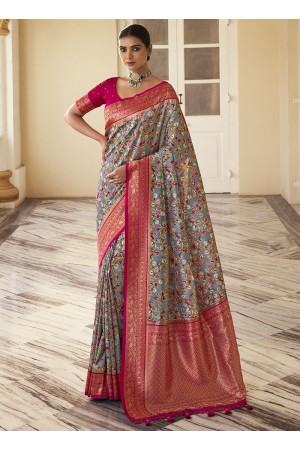 Grey Silk Wedding Wear Digital Printed Saree THEKANCHI 6705