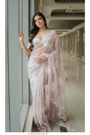 Bollywood Malavika Mohan satin organza saree in light rose