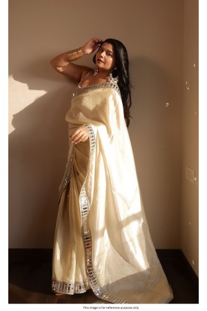 Bollywood Model Off white satin organza mirror saree