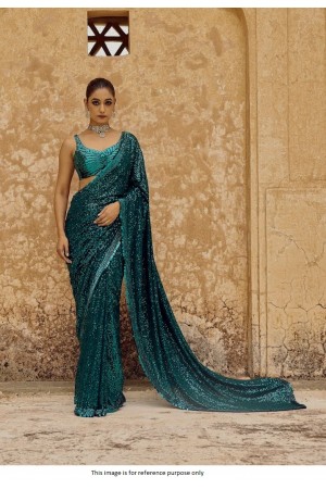 Bollywood Model Net sequins saree in Teal Green