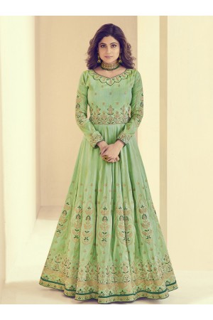 Shamita Shetty Green Silk Wedding Anarkali Suit 8002