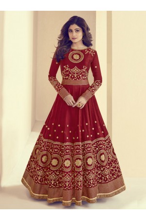 Shamita Shetty Red Silk Wedding Anarkali Suit 8001