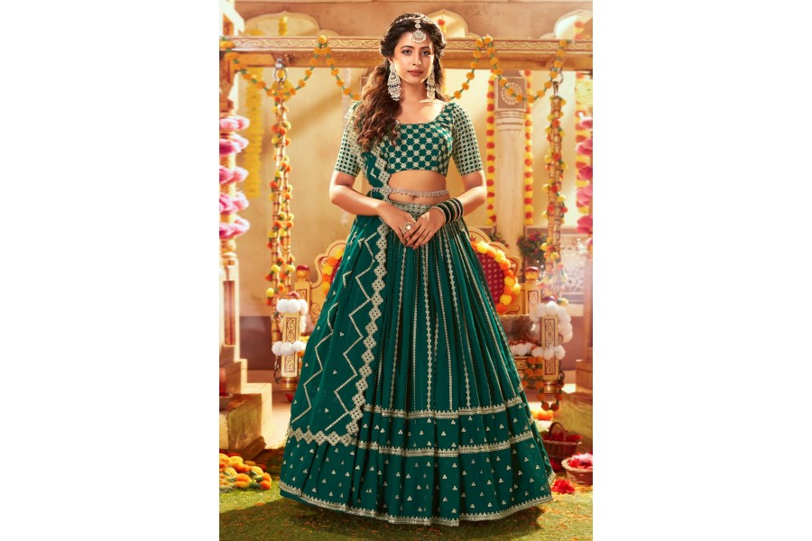Stunning Green Georgette Lehenga Choli with Intricate Sequins  - Rent