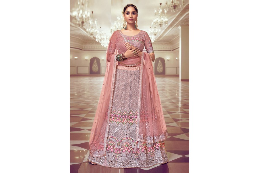 Peach Net with Cancan Heavy Sequence Embroidered Work Semi-Stitched Lehenga Choli