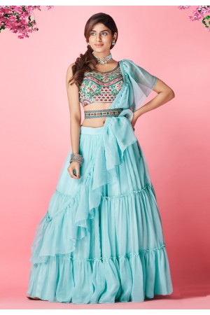 Sky blue chiffon frilled lehenga choli 8002