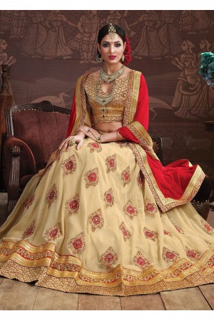 Beige Colored Embroidered Faux Georgette Wedding Lehenga Choli 3159