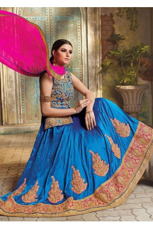 Blue Satin Embroidered Festive Lehenga choli 10461