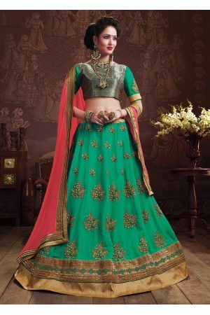 Green Colored Embroidered Faux Georgette Wedding Lehenga Choli 3158