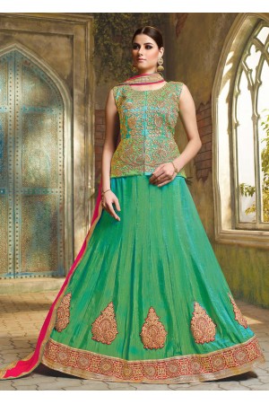 Green Satin Embroidered Festive Lehenga choli 10463