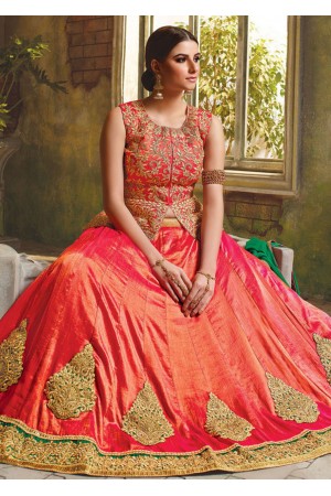 Peach Satin Embroidered Festive Lehenga choli 10466