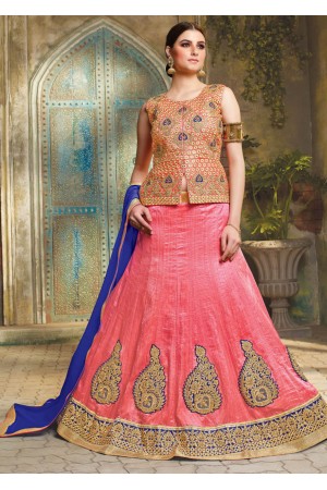 Peach Satin Embroidered Festive Lehenga choli 10469