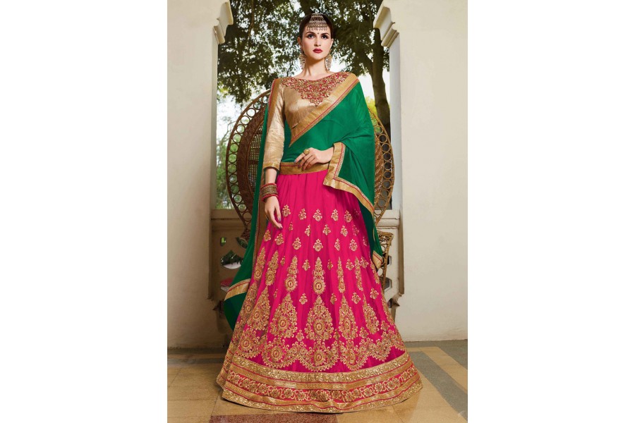 Art Silk Pink Embroidered Festive Lehenga Choli
