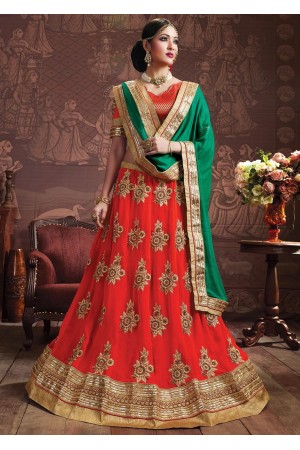 Red Colored Embroidered Faux Georgette Bridal Lehenga Choli 3156