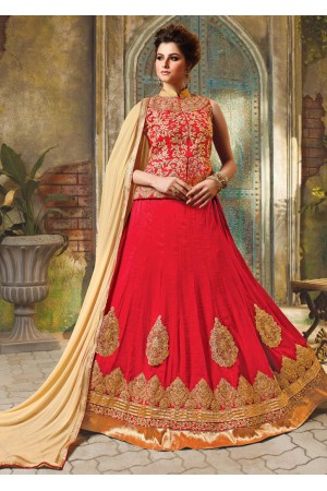 Red Satin Embroidered Festive Lehenga choli 10464