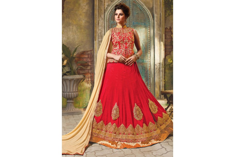 Red Silk Embroidered Festive Party Wear Lehenga Choli main image 1