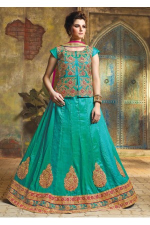 SkyBlue Satin Embroidered Festive Lehenga choli 10468