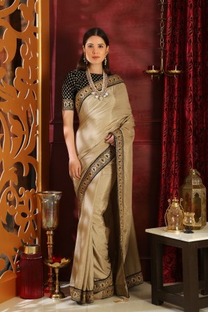 Beige and black silk party wear saree