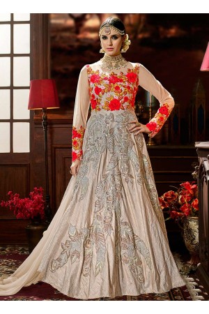 Beige color lenning silk wedding anarkali