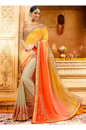 Yellow orange and peach shaded georgette wedding saree