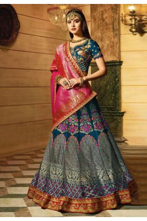 Blue designer Indian wedding Banarasi silk Lehenga