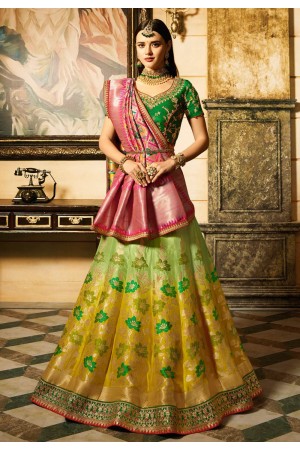 Green and yellow shaded banarasi silk Indian wedding lehenga