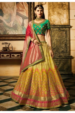 Mustuard green and red Indian wedding Banarasi silk Lehenga