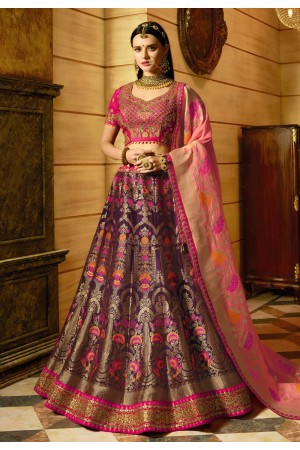 Purple and pink banarasi silk Indian wedding lehenga