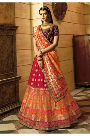 Red peach and purple Indian wedding Banarasi silk Lehenga