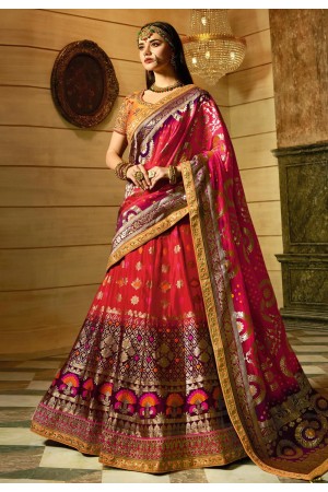 Red and yellow Banarasi silk Indian wedding lehenga