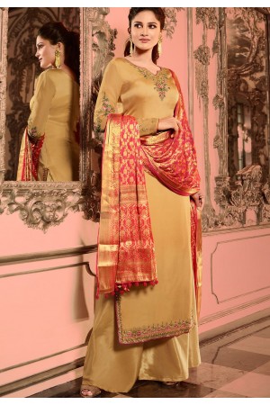 beige satin georgette embroidered pakistani palazzo suit 16003