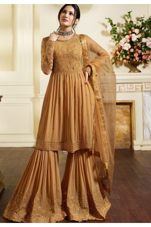 beige satin georgette embroidered sharara style pakistani suit 4054