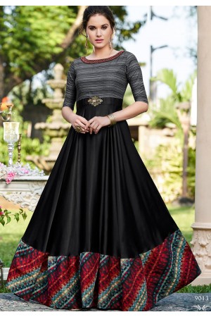 black cotton satin digital printed floor length gown 9013