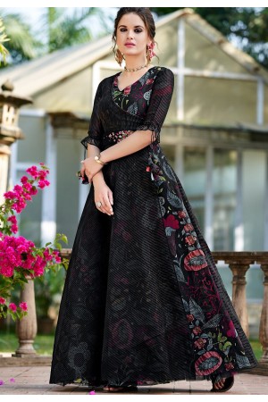 black organza party wear printed long gown 9001