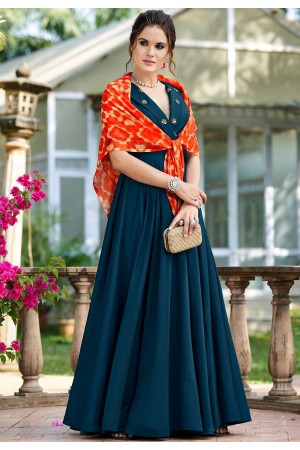 blue silk party wear long gown 9004